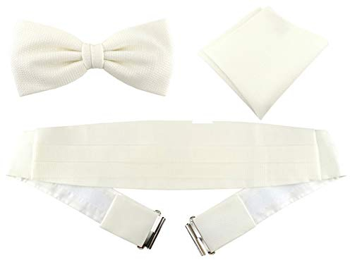 TigerTie - Herren Kummerbund Pique + Fliege + Einstecktuch in creme uni gemustert