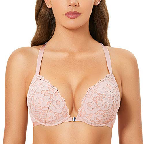 DOBREVA Femme Soutien Gorge Fermeture Devant Push Up Decollete Plongeant avec Armature Dos Nageur Dentelle Rose Nue 95B