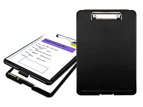 [Pack of 2] A4 Clipbboard Transparent Plastic Box, Rubberized Metal clamp, Durable Assorted Coloured Paper Holder Writing Memo Document Form Holder, Writing Board, Black, TKD8052