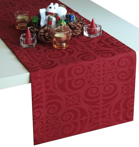 Roter Tischläufer 304.8 cm, Cranberry Damast Kommode Schal, Outdoor Couchtisch Läufer, Burgunderrot Jacquard Esstisch Läufer für Dinnerpartys, Veranstaltungen, Hochzeit, Thanksgiving, Weihnachten