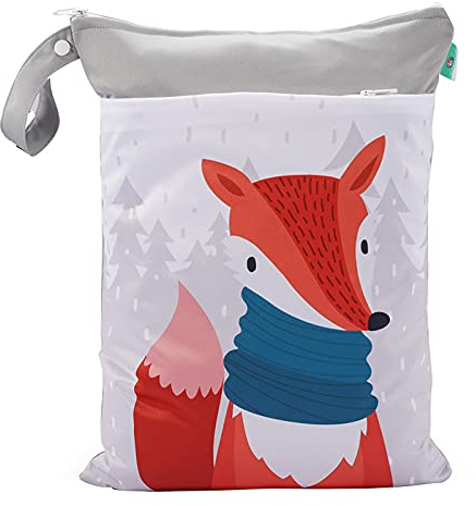 Happy Cherry Windelbeutel Waschbar Nasstasche für Stoffwindeln 2 Reißverschluss Cartoon Tier Printing Groß Wickeltasche Grau Fuchs