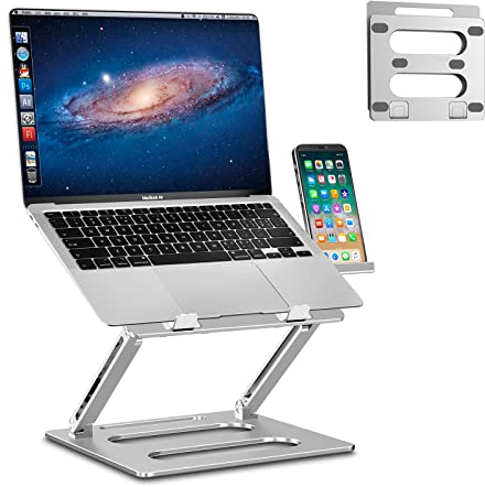 xuenair Laptop Stand for Desk Adjustable Height, Foldable Aluminum Computer Laptop Stand with Phone Holder for MacBook Apple Mac Pro Air Dell Hp Gaming and More Laptops Up to 17 inch-Sliver