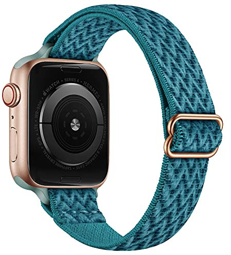 SICCIDEN Slim Stretchy Bands Compatible with Apple Watch Band 42mm 41mm 40mm 38mm, Women Elastics Nylon Thin Strap for iWatch SE2 SE Series 10 9 8 7 6 5 4 3 2 1 (Pine Green/Rose Gold)