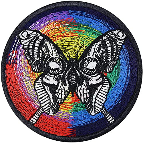 Schmetterling Tattoo Aufnäher Regenbogen Totenkopf Aufkleber Butterfly Patch/Aufbügler/Bügelflicken Applikation Jeans Flicken zum annähen/aufbügeln | 80x80mm