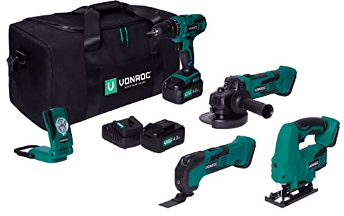 VONROC Werkzeugsatz/Maschinen-set VPower 20V – Werkzeugtasche inkl.: Akkubohrer, Stichsäge, Multiwerkzeug, Winkelschleifer, Arbeitsleuchte 2 x 4.0Ah Akku und Schnellladegerät