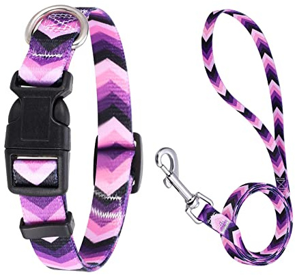 Welpenhalsband mit Leine Set Hundehalsband Leder Einstellbar Weich Bequemes Hundehalsband Lila Welle