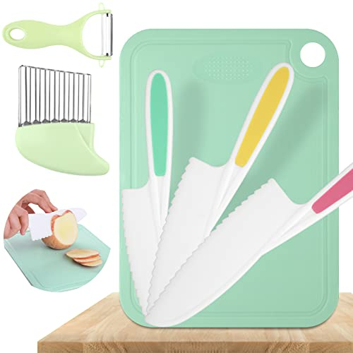 Tikplus Kinder Messer Set,6-teiliges Kindermesser ab 2 3 4 5 Jahre, Kinder schneideset Küchenset-3 Kindersichere Messer, Schneidebrett, Schäler and Wellenmesser, Messer zum Schneiden für Kleinkinder