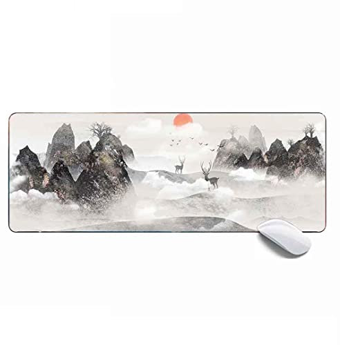 Großes Gaming-Mauspad für Frauen, Tinte, Malerei, Hirsch, Sonnenaufgang, Landschaft, verlängertes XL-Mauspad, Schreibtischunterlage, 80 x 30 x 0,3 cm