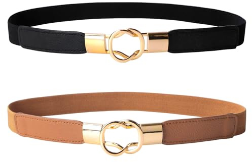 STEK Elastic Skinny Women's Belts - 2 Pack Stretch Retro Waistband with Metal Gold Buckle, Comfortable Ladies fashion waist Belts for Dresses - Black/Brown, Faux Leather