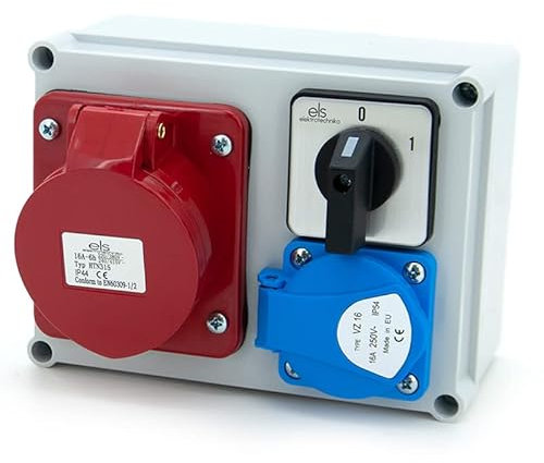 ELS Elektrotechnika Répartiteur mural de construction avec interrupteur 0-1 et prise 1 x 230 V + 1 x CEE 16 A + câblé, prêt à être branché pour garage, atelier, usine