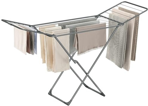 SONGMICS Clothes Drying Rack, Metal Laundry Drying Rack, Foldable, Space-Saving, Free-Standing Airer, with 2 Gullwings, Indoor Outdoor Use, Bed Linen Clothing, Gray ULLR540G01