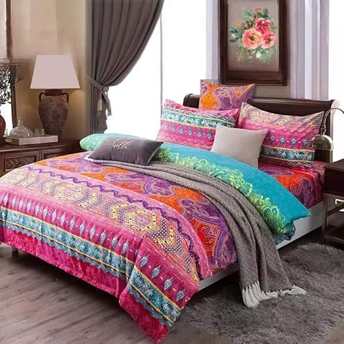 YEPINS Bohemian Bettwäsche 135x200 cm 100% Mikrofaser Boho Indischen Mandala Böhmisch Wendebettwäsche Set 2 Teilig Bettbezug mit Reißverschluss und 1 Kissenbezug 80x80cm (Rot, 135 x 200 cm)