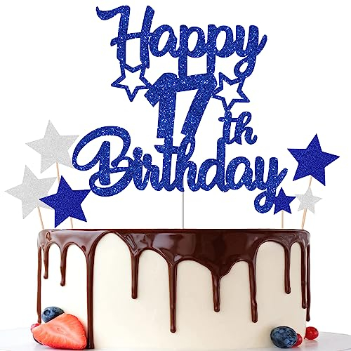 Gidobo 17th Birthday Cake Toppers, Blue Glittery Cake Decorations with Stars, Seventeen Years Old Birthday Party Supplies for Boys and Girls