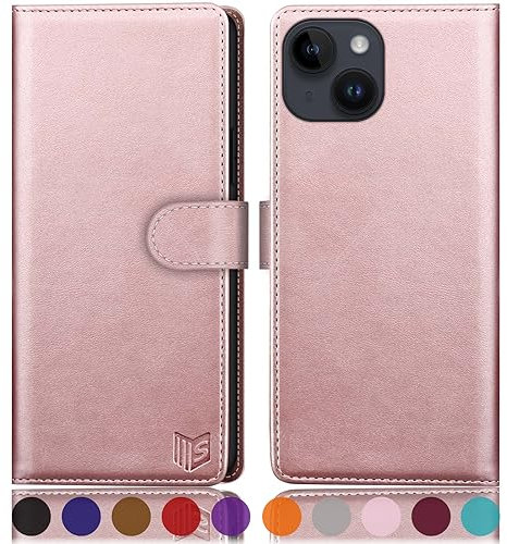 SUANPOT design for iPhone 15 Plus 6.7 inch case with [Credit Card Holder][RFID Blocking],PU Leather Flip Book Protective Cover Women Men for Apple 15 Plus Phone case Rose Gold