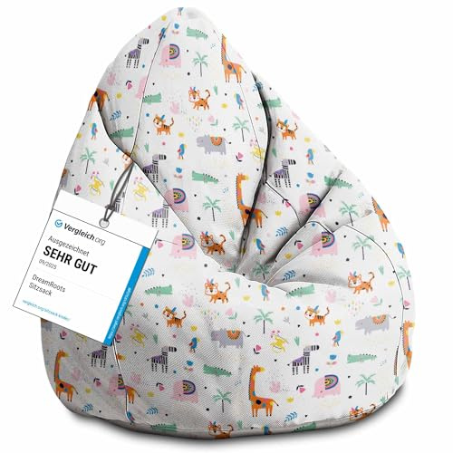 DreamRoots Sitzsack Kinder 80x80x120, Exotic Animals | Bean Bag Kinder mit Lehne, Hocker & Bezug, Sitzkissen Boden, Bubibag, mit Füllung, Kinderzimmer