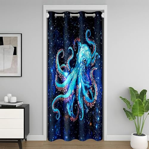 Octopus Rideau de Porte 86x203cm Mer Kraken Rideau Occultant Home Décor Rideaux Exterieur d'entrée Tentacles Galaxie Extérieur Espace Bleu Clignotant Rideaux Interieur Salon Chambre
