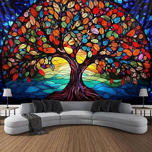 Tapisserie murale arbre de vie à suspendre avec vitrail coloré - Grande tapisserie murale - Décoration murale pour photographie, toile de fond, couverture, rideau, maison, chambre à coucher, salon