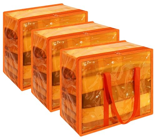 Vieshful 3 Pack Clear Storage Bags Clothes Storage Bags with Zips 40L Transparent Underbed Storage for Clothing, Blankets, Duvet, Pillow, Orange