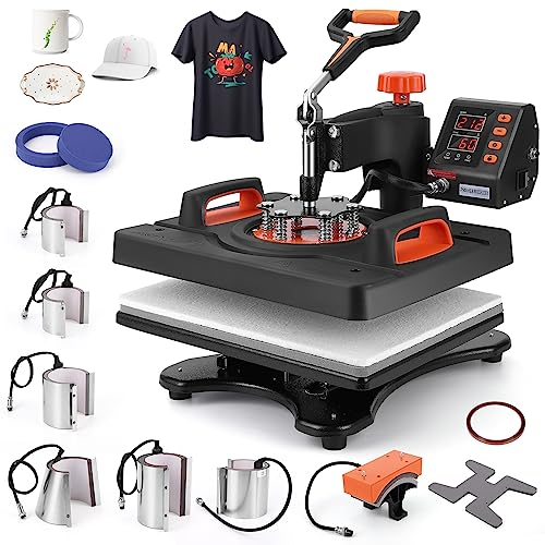 Heat Press Machine 11-IN-1, 38 x 30 cm Textile Press T-Shirt Heat Press 360 Degree Swivelling DIY Multi-functional Sublimation Heat Press with Digital LED Temperature and Time Controller (11 IN 1)
