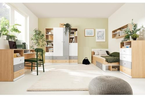 Kinderzimmer Jugendzimmer Set in Eiche mit weiß und grau, 7-teilig, inkl. 90x200cm Bett, Kommode, Wandboard, Kleiderschrank, Regal, Standregal, Schreibtisch