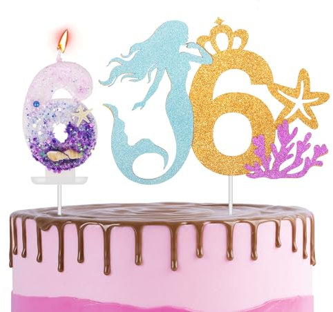 Mermaid Cake Topper with Number Candle 6 Sparkling Candles Cake Decorations for Girls and Boys 6th Birthday Party