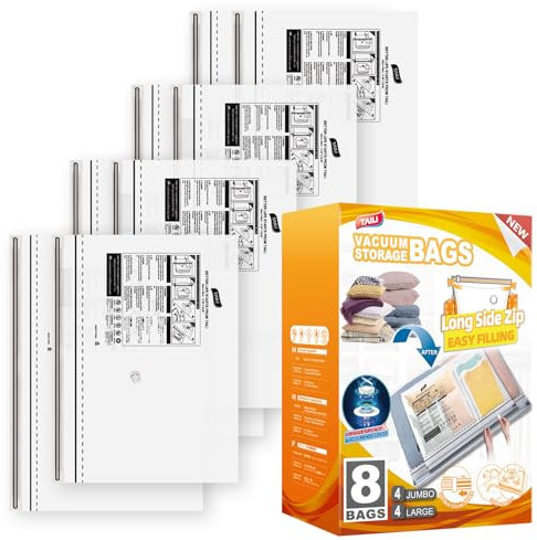 TAILI Vacuum Storage Bags With Long Side Zip 8 Pack (4 Large+4 Extra Large) Vacuum Bags for Clothes, Duvets, Bedding, Travel Reusable Compression Zipper Storage Space Saver