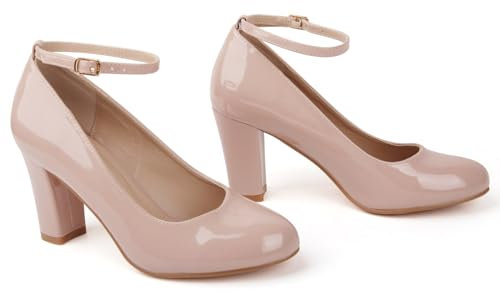 Bismaa Womens Unisex Buckle Ankle Strap Mid Block Heel Shoes Plus Size 9 10 11 12 (Nude Patent, Numeric_5)
