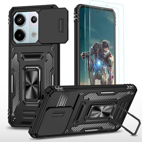 YmhxcY Hülle Für Xiaomi Redmi Note 13 Pro 5G/Poco X6 5G Hülle,*2 Displayschutzfolie,Slide Camera Cover, Militär Grade Schutzhülle, 360°Drehen Metallständer-Schwarz