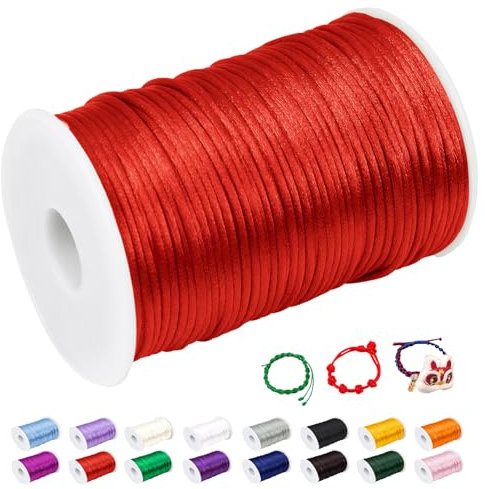 CAMAL 2mm Fil Nylon pour Bracelet, 100m Fil Bracelet Cordon Satin Cordon Bracelet Coulissant Coloré Ficelle Collier pour Pendentif, Perles, Creation Bijoux, DIY Artisanat (Rouge)
