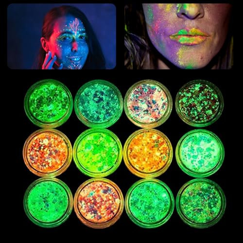 12 Colores Purpurina Cara Glitter Maquillaje Festival Accesorios Brillos para la Cara Purpurina Pelo Purpurina Fluorescente Adecuada para Maquillaje de Halloween Disfraces de Carnaval
