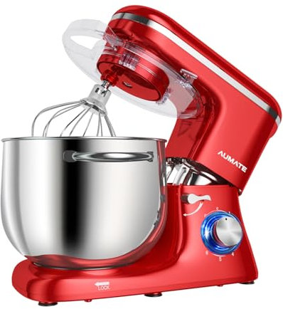 Aumate Robot Pâtissier, Robot de Cuisine Professionnel 1400 W 8 L, Robot Pétrin avec Fouet, Batteur et Crochet Pétrisseur, 6+P Vitesses (Rouge)