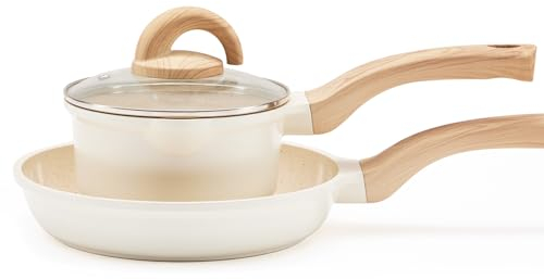 Vkoocy Non Stick Pots and Pans Set Ceramic Cookware Set with Granite Dot, 3pcs Kitchen Cooking Sets Frying Pan Saucepan, No PTFE, No PFAS, Bright Cream