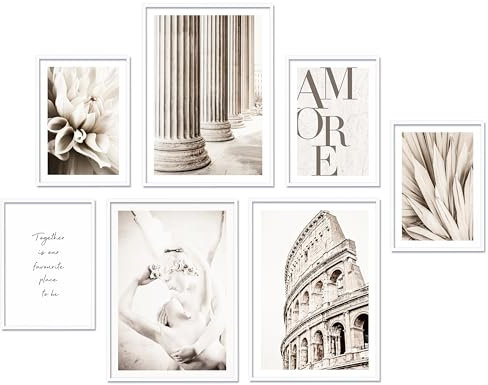 Hyggelig Home Premium Poster Set - 7 hochwertige Poster im Kunstdruck Rom Liebe aesthetic - für Wohnzimmer Schlafzimmer Esszimmer Flur - Set Amore - Mit Rahmen weiß