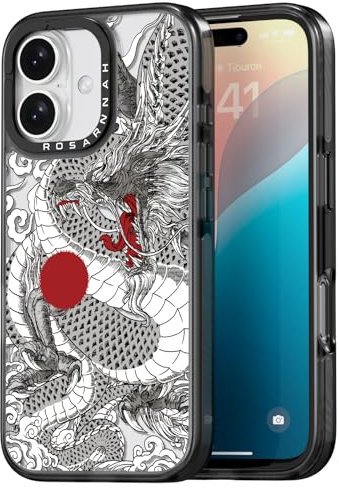 Rosarnnah Kompatibel mit iPhone 16 Hülle – Chinesischer Drache Schwarz Cover Design – niedliche Ästhetik Handyhülle für iPhone 16 6.1