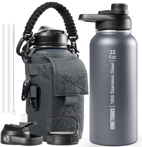 ONETIGRIS 32 oz Insulated Water Bottle with Straw - Tactical Stainless Steel Water Jug, Leakproof Thermos Wide Mouth Sport bottle with 3 Lids and Sleeve for Travel, Gym, Camping, Hiking