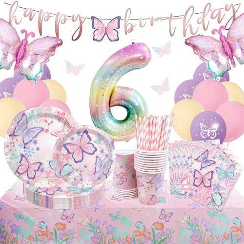 Komicea Farfalle Piatti e Bicchieri per Feste di Compleanno Set, 6 anni Decorazioni Compleanno Farfalle, 111 Pezzi Farfalle Stoviglie per Feste di Compleanno, 6 anni Set Compleanno Bambina (16 Ospiti)