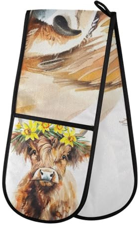Oven Gloves Double Oven Gloves Cute Watercolor Highland Cow Oven Mitts Pot Holder Heat Resistant Quilted for BBQ Baking Kitchen Cooking Gloves