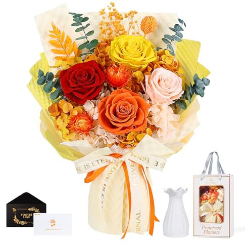 Roses Bouquet with Vase,Forever Bouquet Flowers, Eternal Preserved Real Rose, Gifts for Woman Wife Girlfriend,Gifts for her on Birthday, Anniversary, Valentine's Day, Mother's Day, Christmas(Orange)