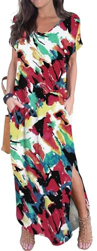 GRECERELLE Women Maxi Long Dress Summer Casual Beach Boho Short Sleeve V Neck Maxi Dresses with Pocket (White Ink Red, XL)