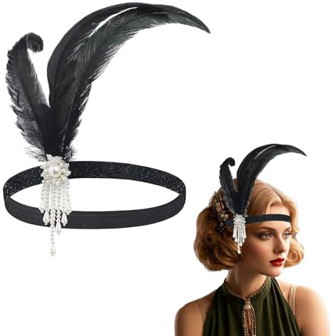 Yphzmtz Bandeau à plumes des années 1920 - Tendance - Bling - Strass - Accessoire de cheveux pour femmes et filles - Bal de fin d'année - Costume de Gatsby - Fête à thème - Cocktail (Noir-B, taille