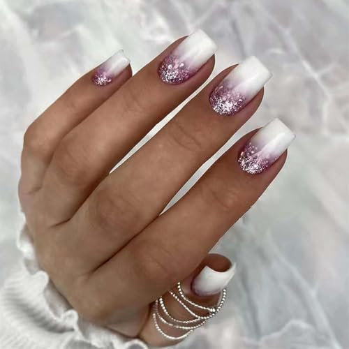 24Pcs Fake Nails, Press - On False Nails, Short To Medium Square Shape, White with Purple Glitter False Nail, Sparkling & Purple, Reusable Nails