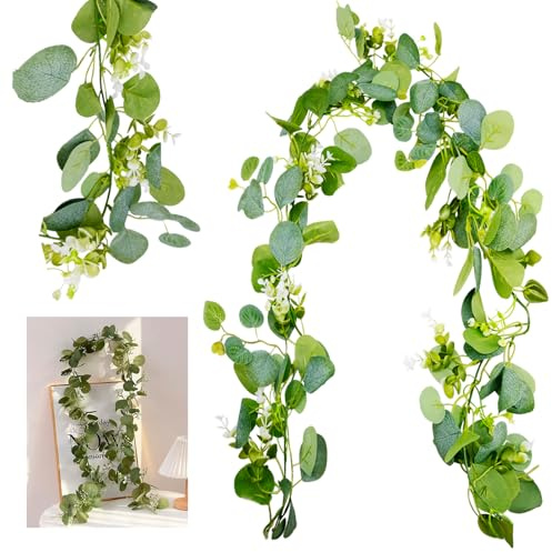 2 Stück Künstliche Eukalyptus Girlande, 1,8m Lang Hängende Eukalyptusranke mit Weißen Blumen und Pflanzendeko für Hochzeit Tisch Türrahmen Wandregal Innen Außen