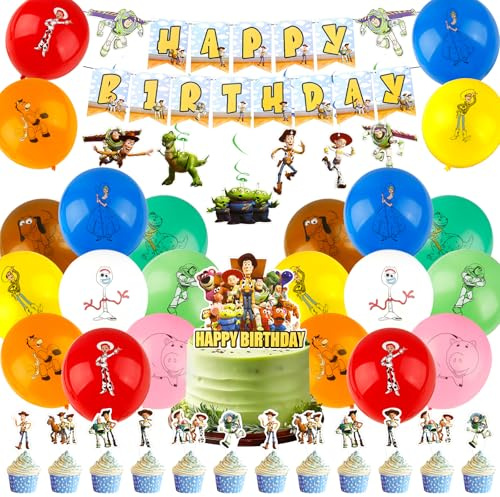 Toy Birthday Decorations for Boys Girls, Story Cake Toppers Party Decorations Latex Balloons Cake Decorations Happy Birthday Banner Party Supplies for Kids Theme Decor