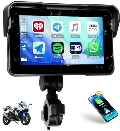 CAMECHO Motorcycle CarPlay Screen, Wireless CarPlay Android Auto, 5 Inch IP68 Waterproof Touchscreen, Portable Car Stereo for Motorbike, Dual Bluetooth Trans, Navigation, Siri, Wireless Car Play