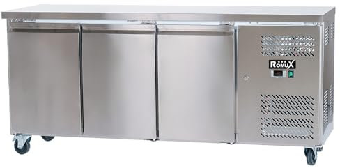 Romux® Mesa Fría de Congelación de 3 Puertas de 180x60 cm Refrigeración Ventilada | Bajo Mostrador Congelador de Acero Inoxidable de 339 L y 750 W | Arcón Congelador