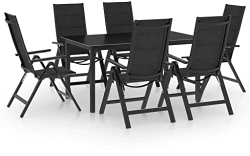 Holamys Salon de jardin, 7 pièces, en aluminium anthracite, table extensible avec plateau en verre, 6 chaises réglables, meubles de terrasse résistants aux intempéries pour les repas en plein air