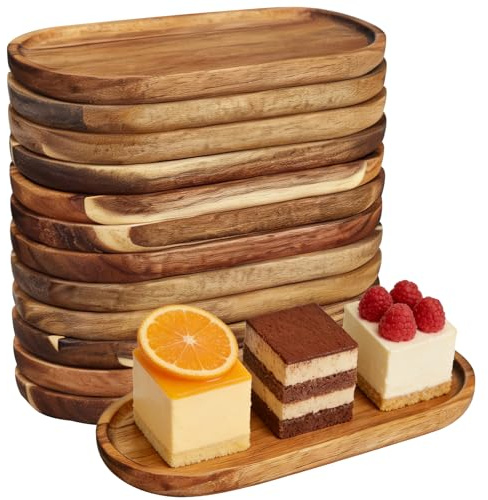 12 Stück Akazienholz Serviertabletts 25 x 12.5 cm Rechteckige Holz Servierplatten Kleine Ovale Charcuterie Bretter Käseplatte aus Akazienholz für Deko Speisen Desserts Brot Obst Tee Vorspeisen