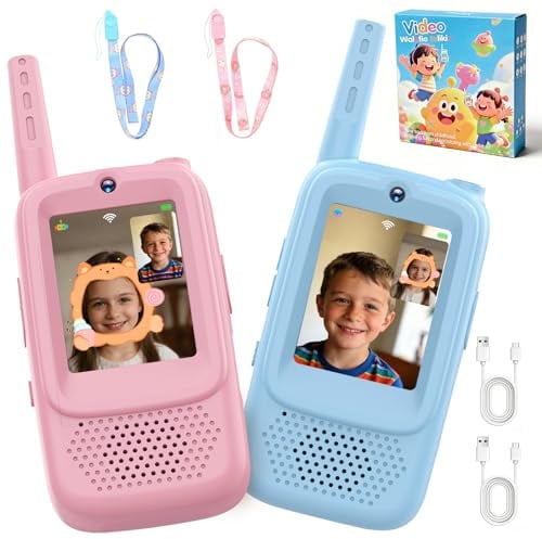 Video Walkie Talkies for Kids, 2 Pack Rechargeable Kids Walkies Talkies, Video Intercom 100Ft Range, Indoor Outdoor Toys for Garden Games, Camping, Hiking, Gifts for Boys Girls Ages 3-12 (Blue/Pink)