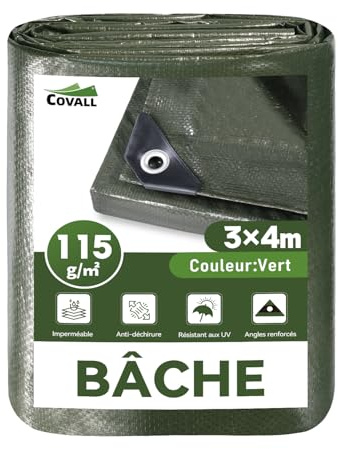 COVALL bâche Verte imperméable 115g/m² 3x4m, Protection extérieure | Anti-UV, Anti-déchirement,œillets métalliques Tous Les 50cm,Fixation Facile, pour Jardin, poulailler,Bois,Piscine,toiture