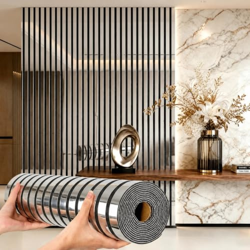 Camiraft 6mm Thick Acoustic Wall Panels, Peel and Stick Wall Panels for Soundproofing, 3D Silver Mirror Wallpaper Stripe Slat Wall Panelling for Living Room Bedroom Office (5 Roll=6㎡)